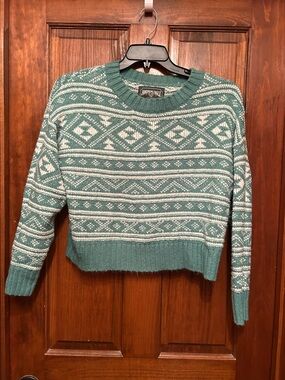American Eagle Outfitters Teal and White Fair Isle Crewneck Sweater